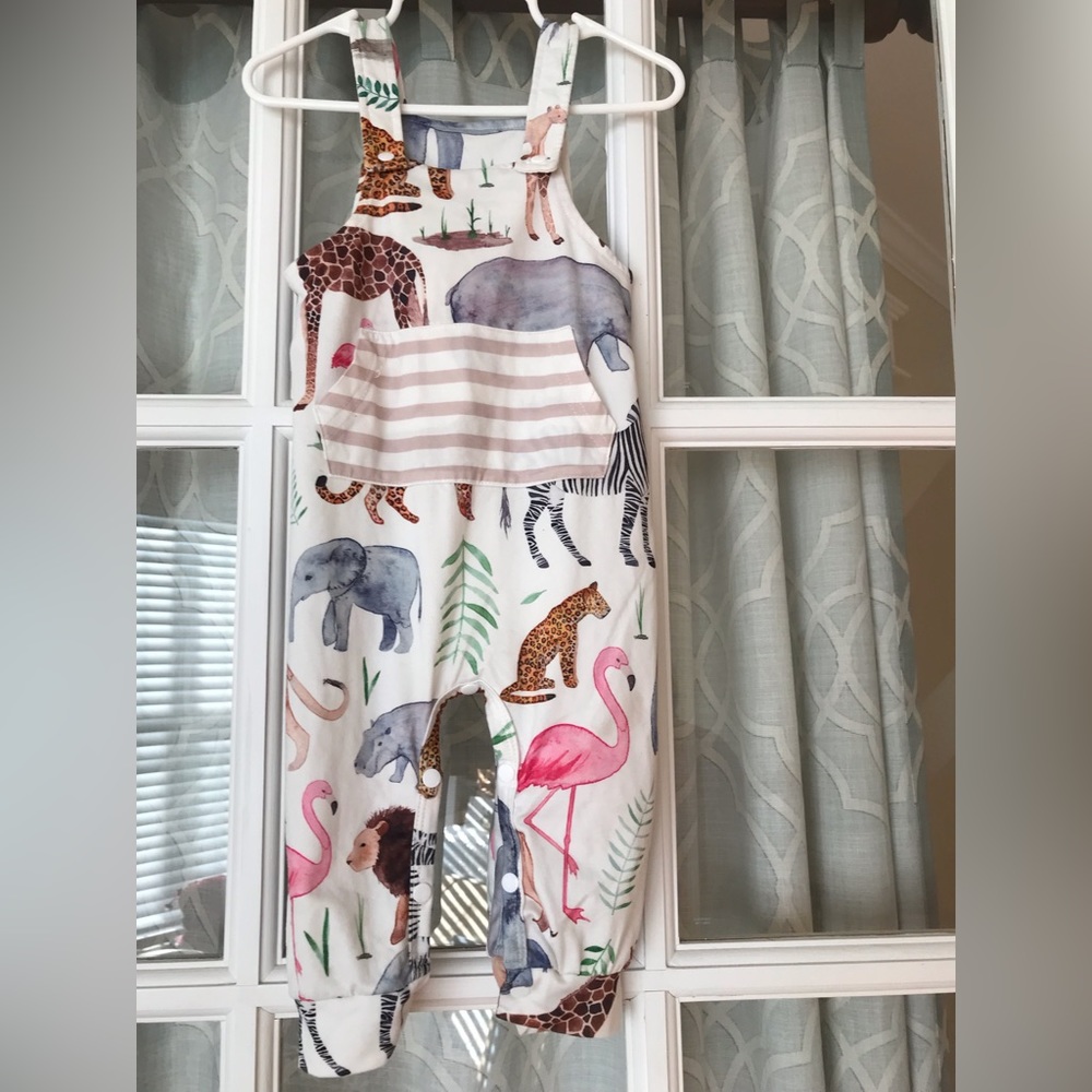 Overalls / long pants size 80 24 mos 2T zoo animals romper w/ striped pocket